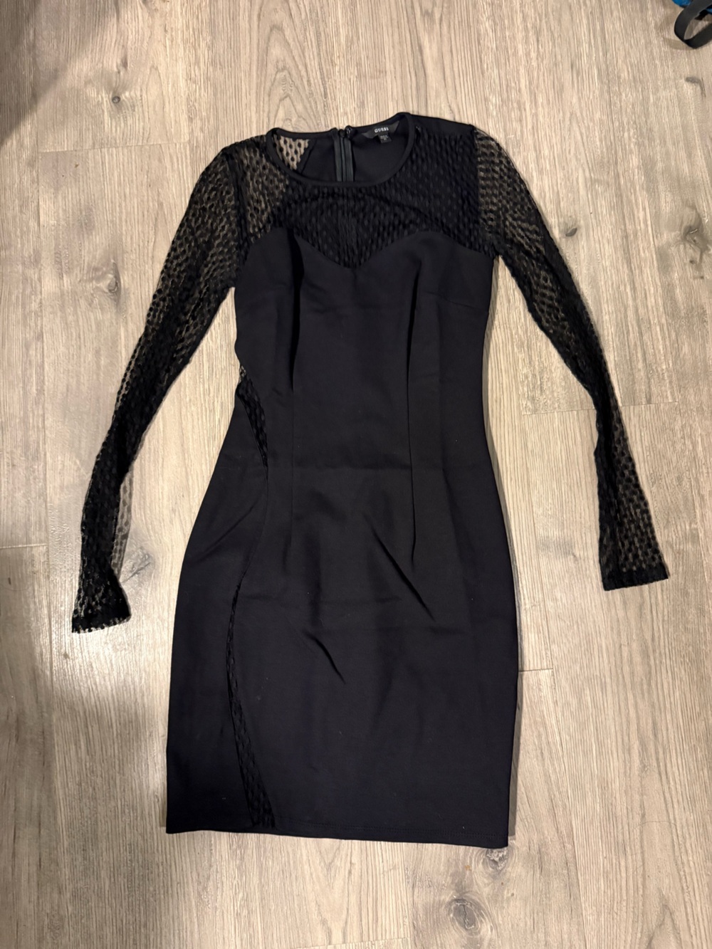 Guess Black Long Sleeve Mesh Panel Sheath Dress